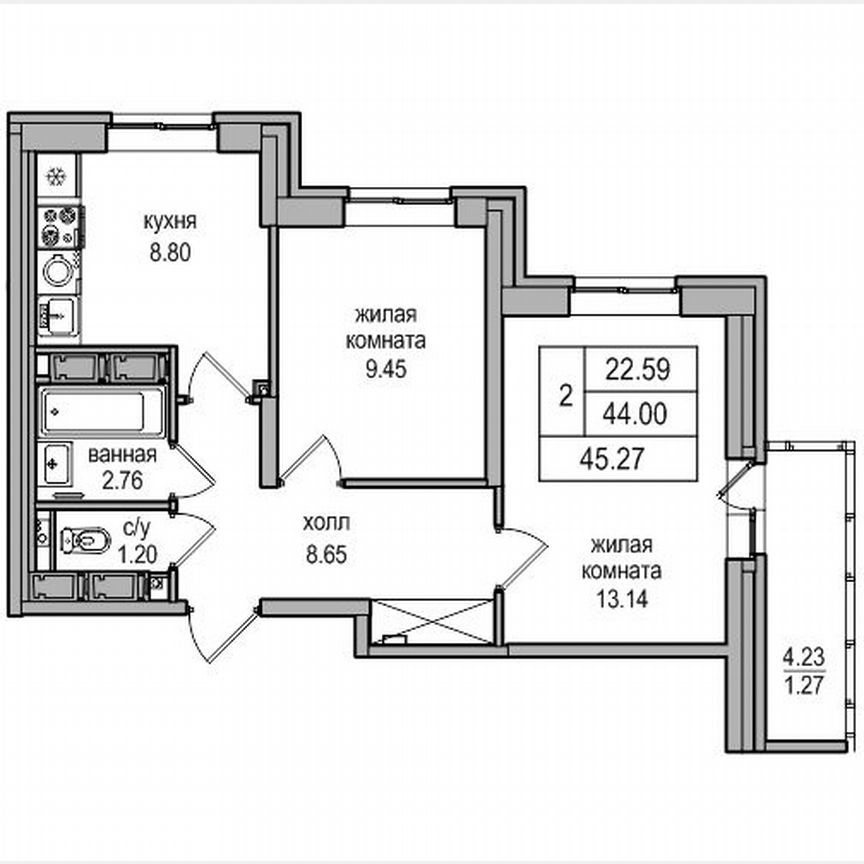 2-к. квартира, 45,4 м², 25/27 эт.