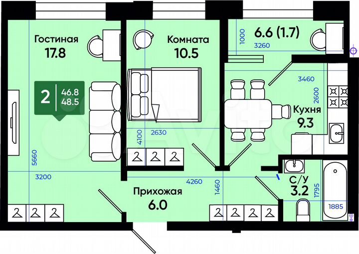 2-к. квартира, 49,5 м², 3/3 эт.