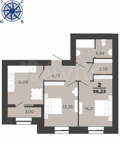 2-к. квартира, 58,2 м², 11/16 эт.