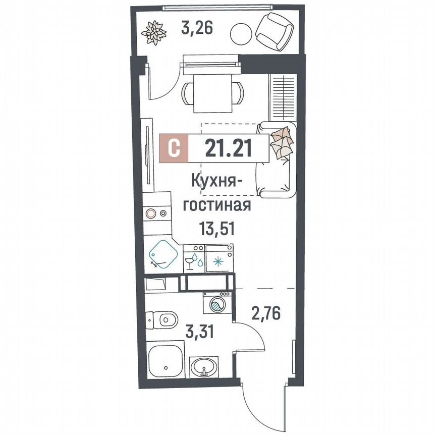 Квартира-студия, 21,2 м², 9/18 эт.