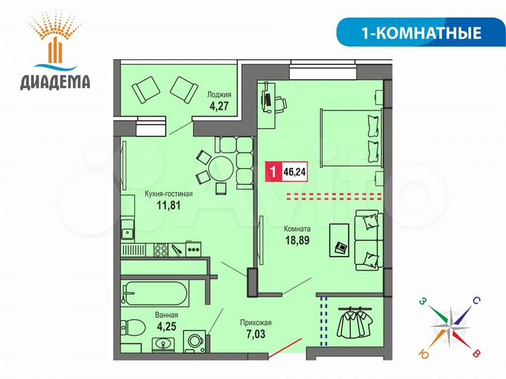 1-к. квартира, 46,2 м², 18/22 эт.