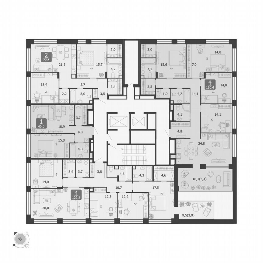 2-к. квартира, 77,6 м², 9/12 эт.