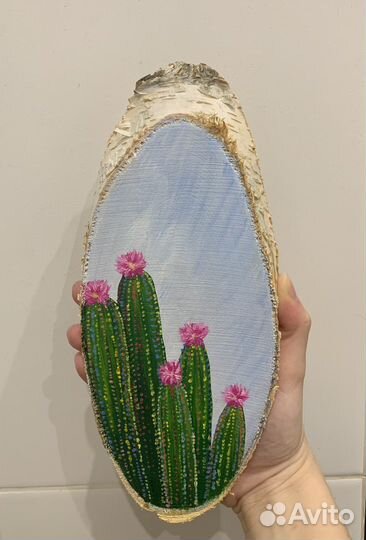 Картина на спиле дерева. Кактусы. (Акрил)