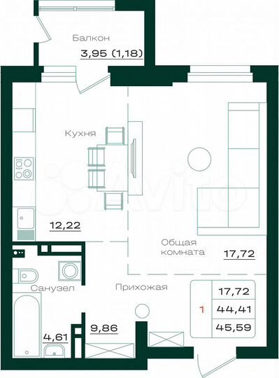 1-к. квартира, 45,6 м², 8/17 эт.