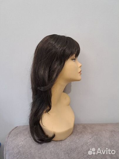 Парик длинный чёрный с челкой. Стрижка каскад