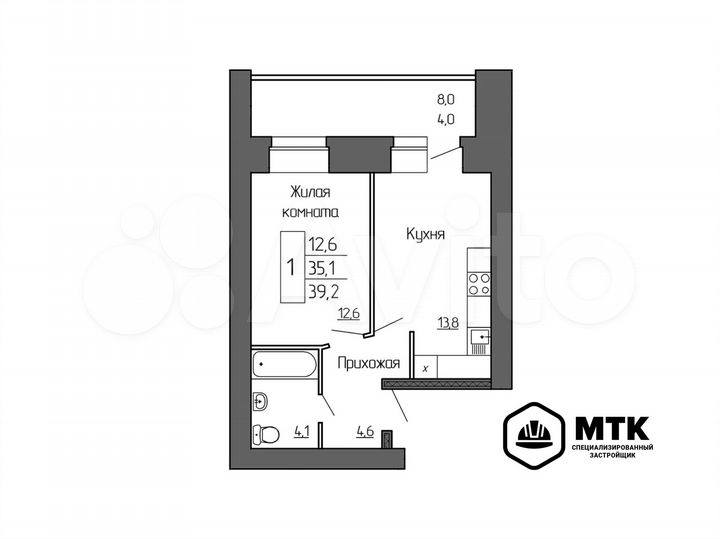 1-к. квартира, 39,2 м², 3/8 эт.