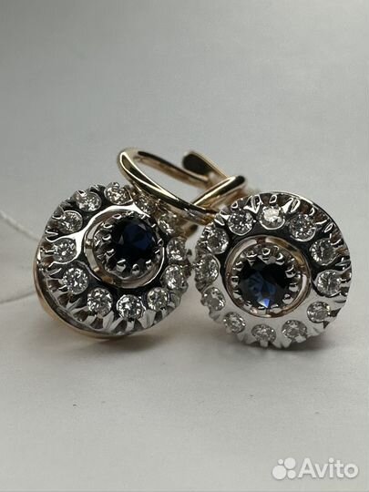 Золотые серьги малинки с бриллиантами и сапфир