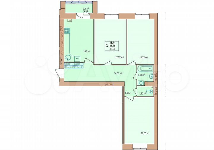 3-к. квартира, 86,9 м², 9/9 эт.