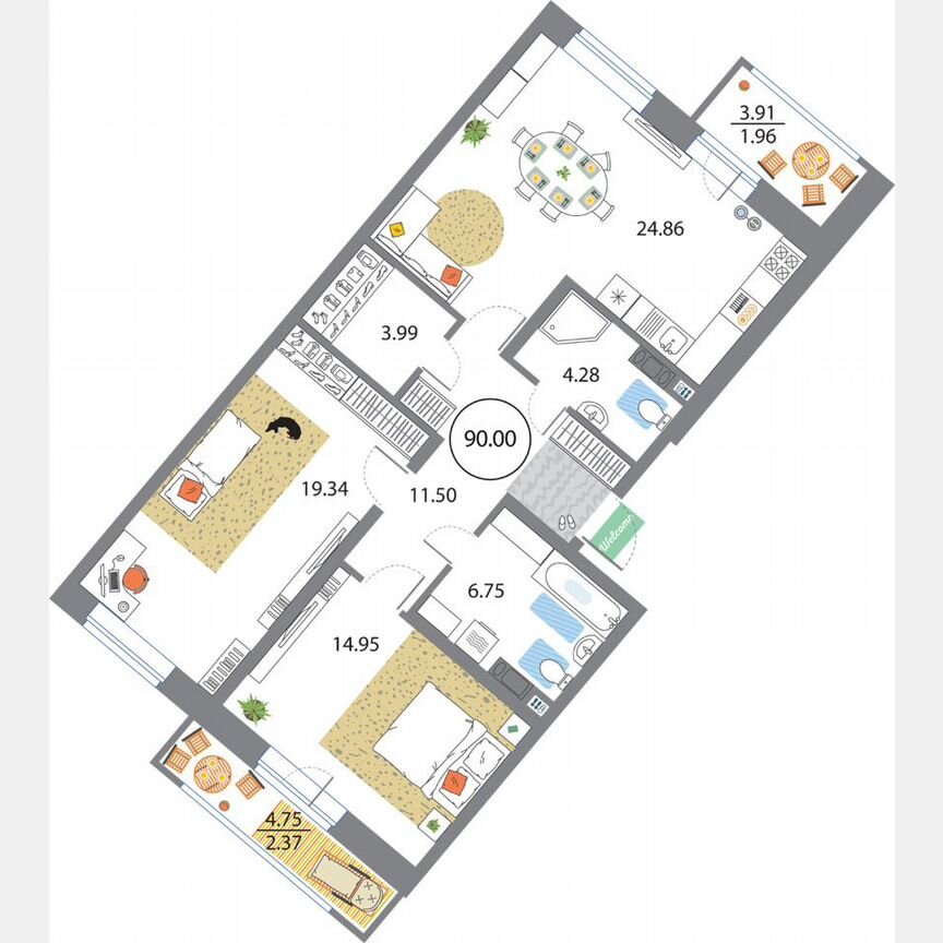 2-к. квартира, 90 м², 11/12 эт.