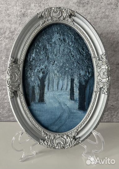 Картина маслом миниатюра в рамке Зимний лес