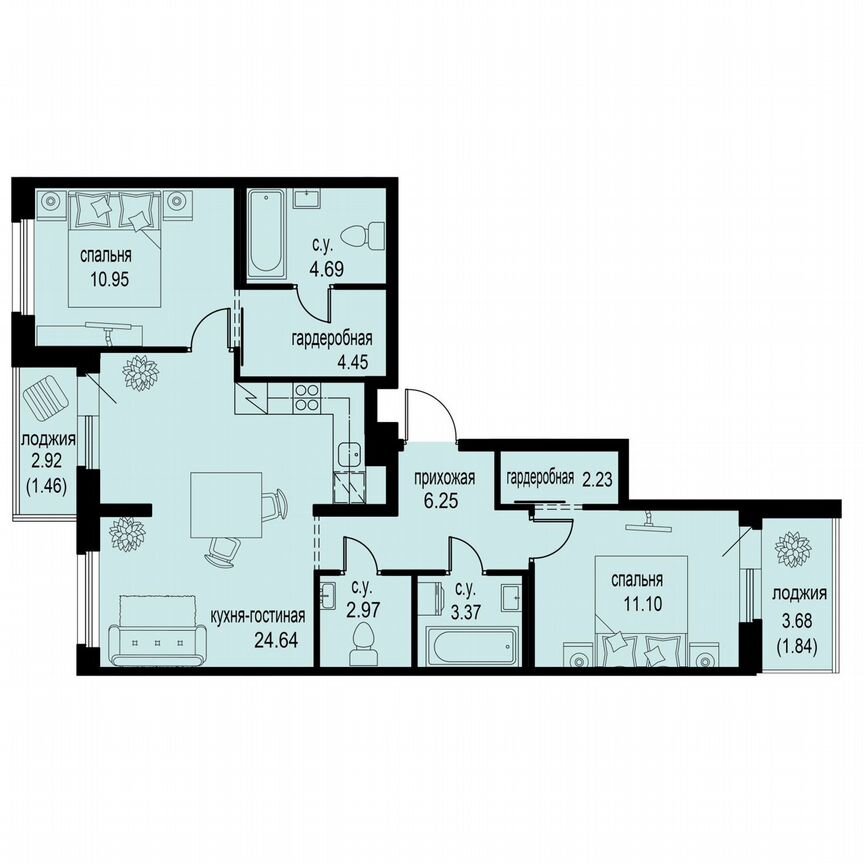 2-к. квартира, 74 м², 2/12 эт.