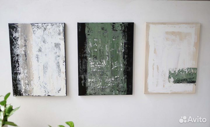 Картины абстрактные. Черный белый бежевый зеленый