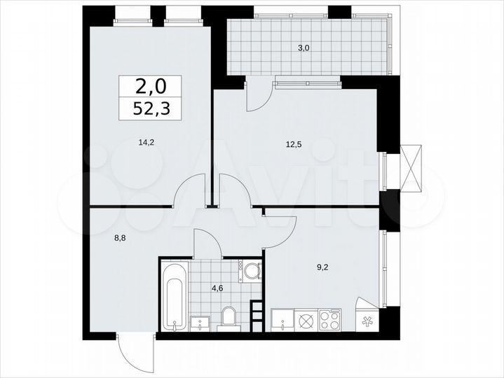 2-к. квартира, 52,3 м², 3/21 эт.