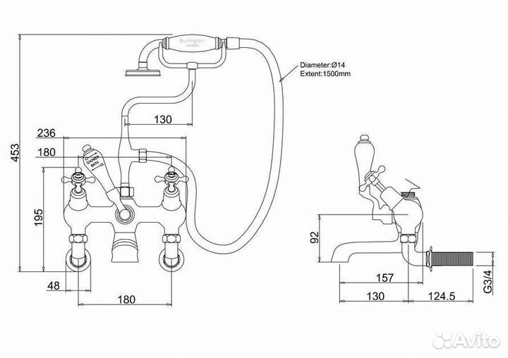 Смеситель для ванны Burlington CL21-QT BLA хром/ручки черные