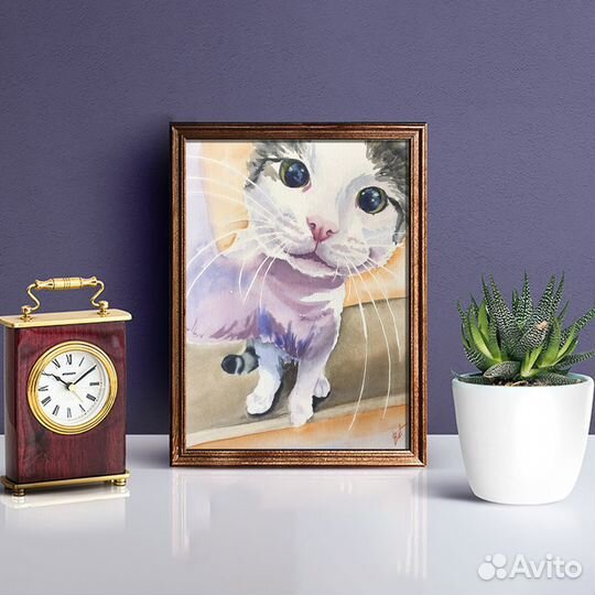 Картина с кошкой акварелью селфи кот 25х20 см