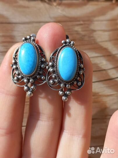 Серебряные серьги СССР, бирюза, винтаж