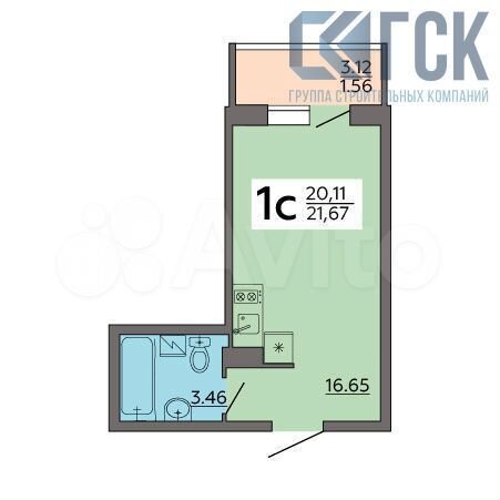 Квартира-студия, 21,7 м², 18/18 эт.