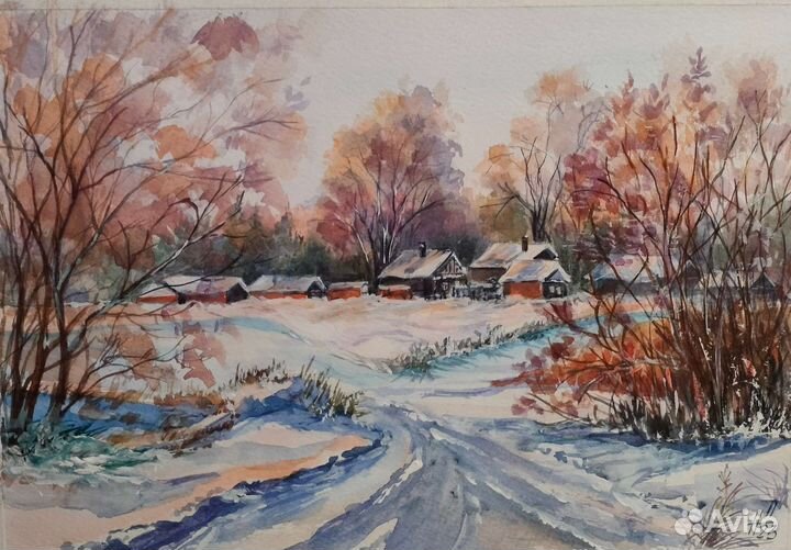 Картина акварелью. Пейзаж. Зима. 21х30 см