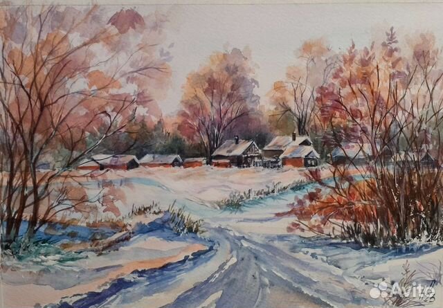 Картина акварелью. Пейзаж. Зима. 21х30 см