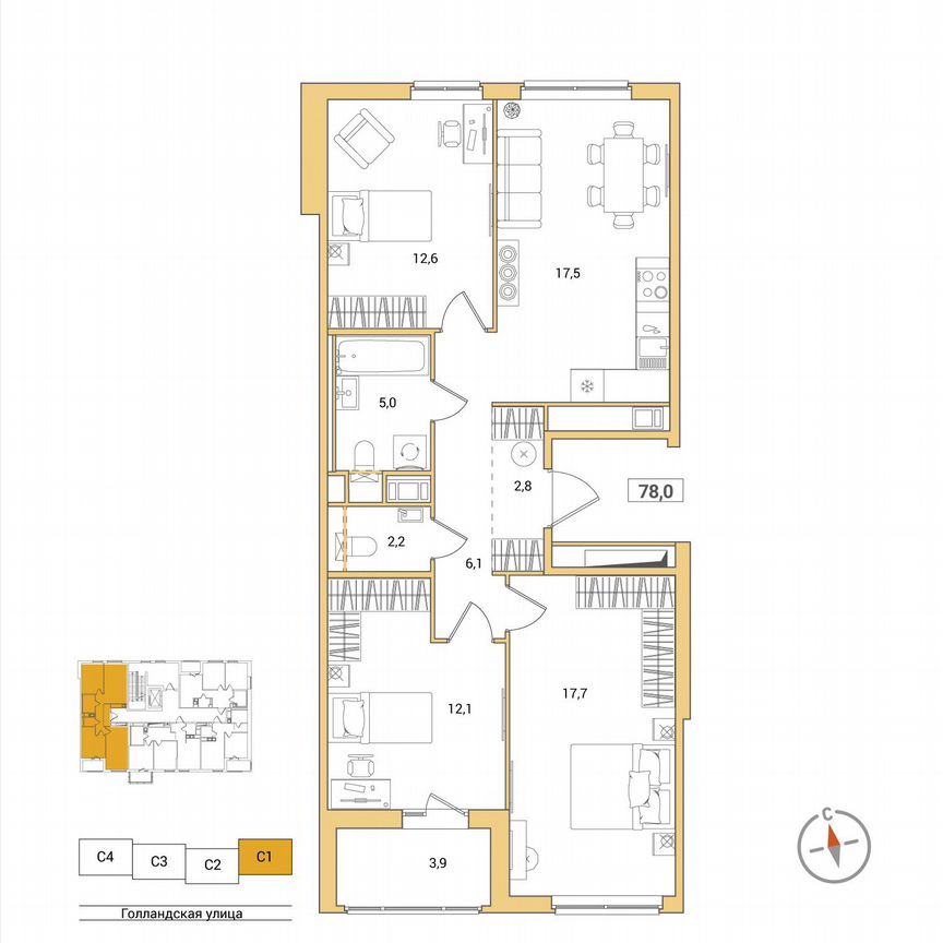 3-к. квартира, 78 м², 9/11 эт.