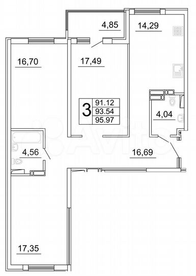 3-к. квартира, 96 м², 15/27 эт.