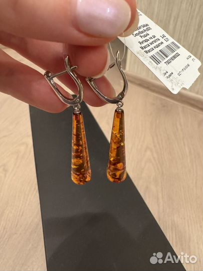 Серьги серебро янтарь Новые
