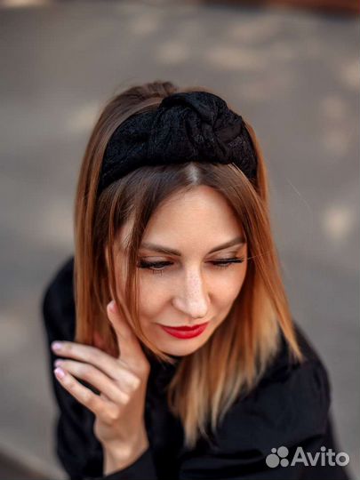 Кружевной чёрный ободок на голову из кружева замши