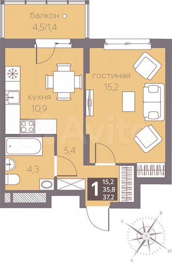 1-к. квартира, 37,2 м², 5/16 эт.
