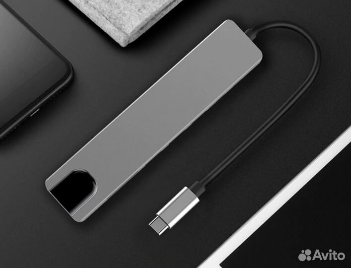 USB-C Адаптер 6в1 с зарядкой, на USB, hdmi, LAN