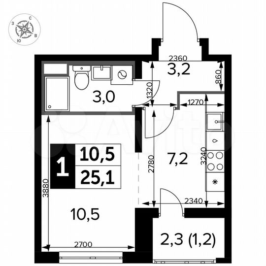 Квартира-студия, 25,1 м², 24/24 эт.