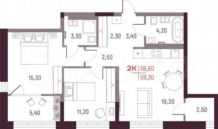 2-к. квартира, 66,6 м², 18/25 эт.