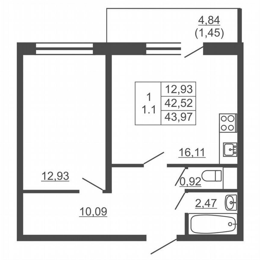 1-к. квартира, 44 м², 8/16 эт.