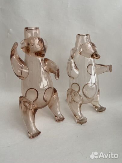 Гутное, выдувное стекло. СССР. Медведи, бык, рыба