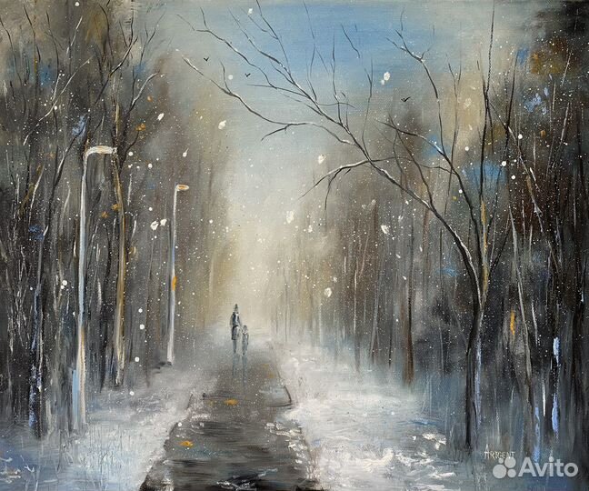 Красивый зимний пейзаж маслом «Заснеженная аллея»