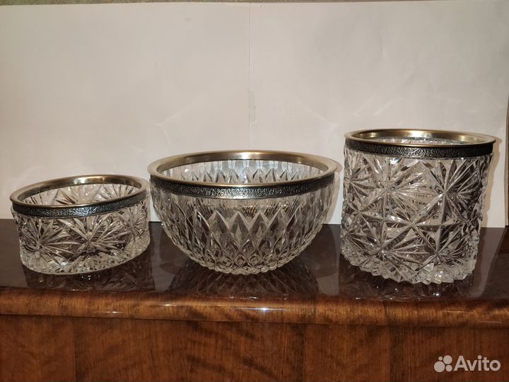 Хрустальные вазы салатницы конфетницы с мельхиором