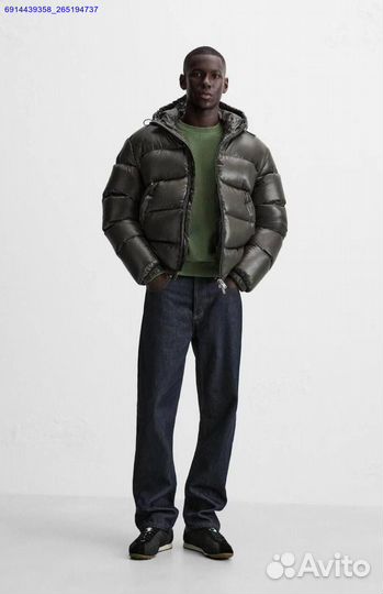 Пуховик Zara x Moncler глянцевый Хаки (Арт.80129)