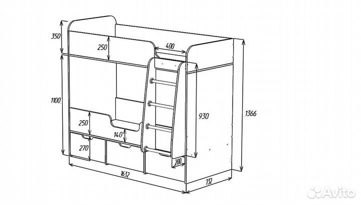 Кроватка 2 яруса с ящиками (высота 145 см)