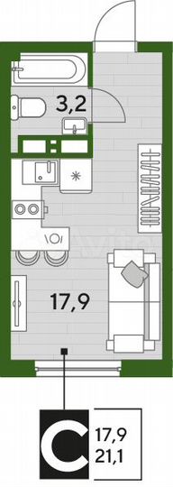 Квартира-студия, 21,1 м², 16/19 эт.