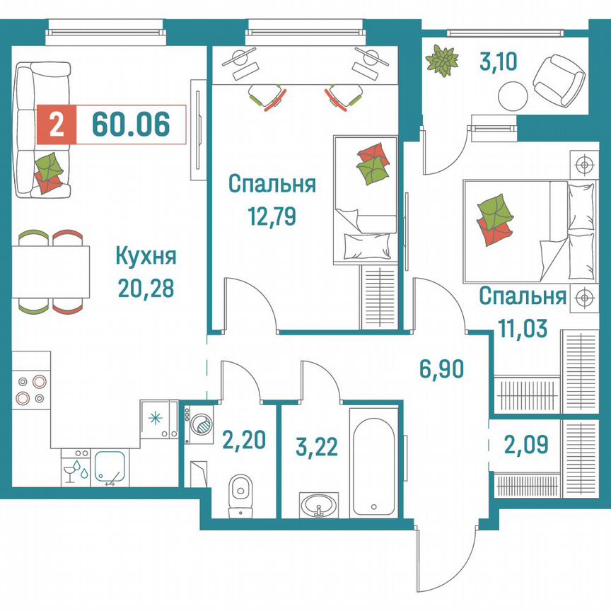 2-к. квартира, 60,1 м², 1/18 эт.