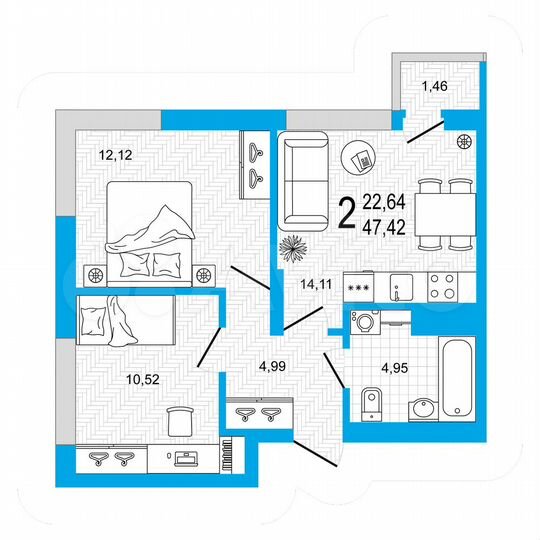 2-к. квартира, 47,4 м², 14/26 эт.
