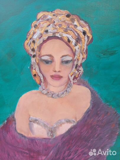 Картина маслом на холсте девушка в меховой накидке