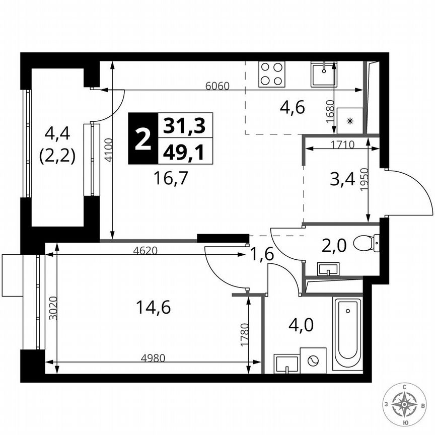 2-к. квартира, 49,1 м², 10/25 эт.
