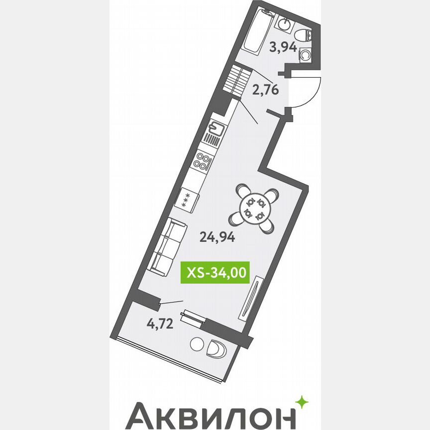 Квартира-студия, 34,2 м², 9/13 эт.