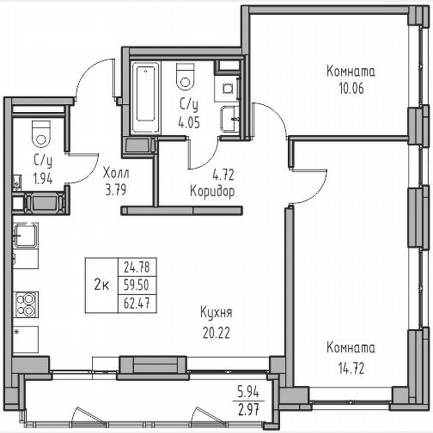 2-к. квартира, 62,5 м², 15/23 эт.