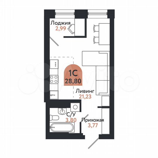 1-к. квартира, 28,8 м², 17/26 эт.