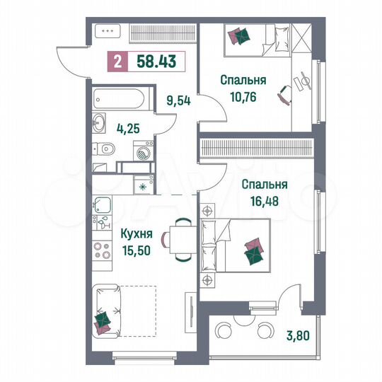 2-к. квартира, 58,4 м², 15/16 эт.