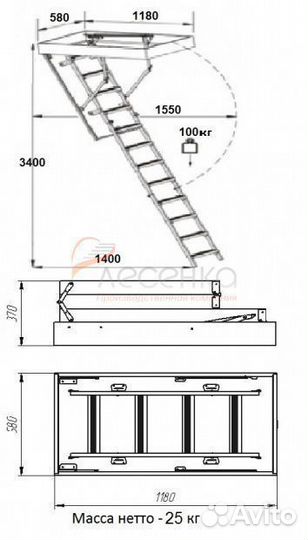 Деревянная чердачная лестница чл-15 600х1200