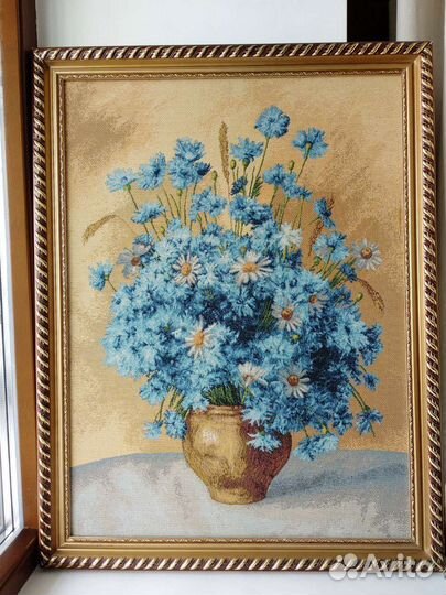Картина гобеленовая цветы васильки и ромашки