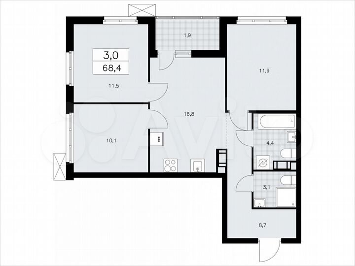 3-к. квартира, 68,4 м², 2/9 эт.