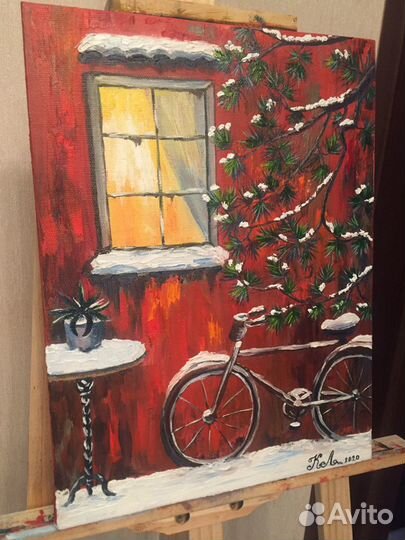 Картина маслом Зимний пейзаж с велосипедом